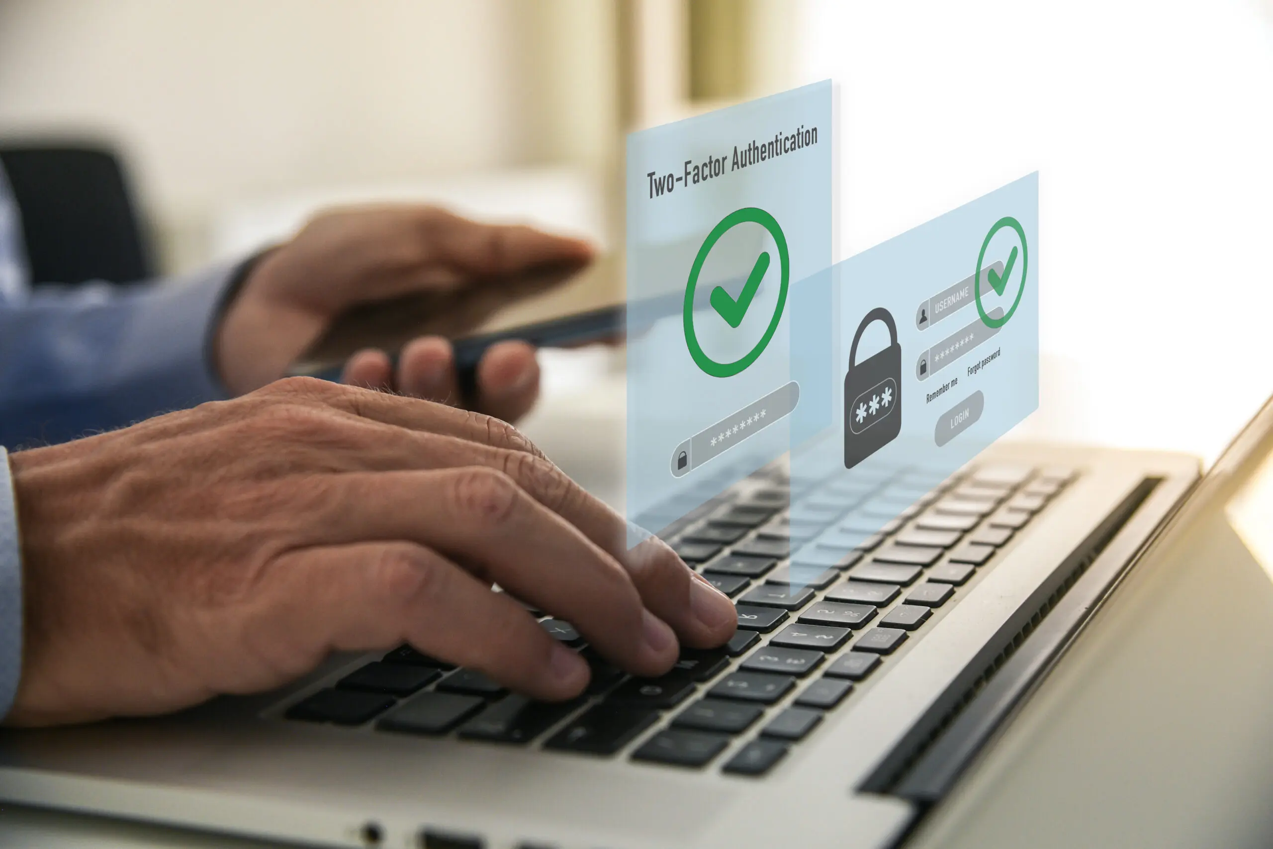 Two factor authentication. Ensure protection, identification concept. Security of online accounts.