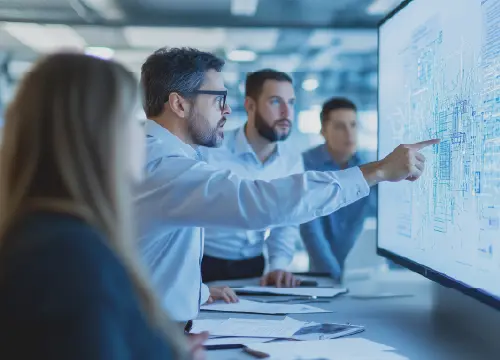 A team studying a screen as part of the microsoft cmmc compliance software product provided by Exostar.