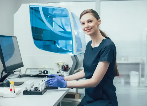 Life sciences nurse working at a counter
