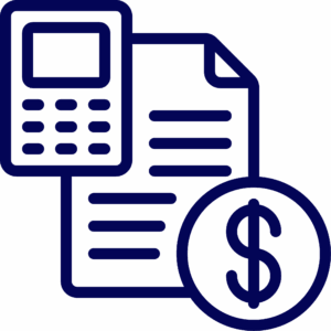 Icon for consumer services with paper, dollar sign and calculator.
