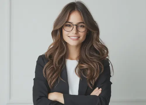 A woman in business attire looking at the camera.