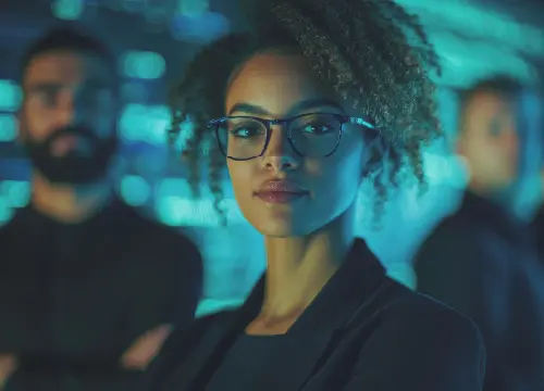 Woman employee wearing glasses with two men behind her.