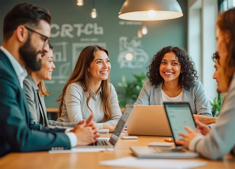 Men and women having a conference around a table for innovation and careers.