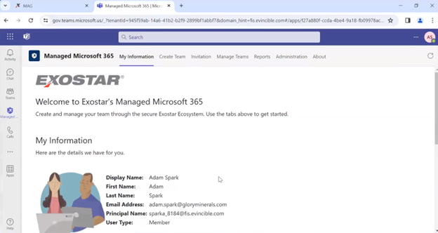 Page showing the interior of Exostar Managed Microsoft 365 solution.