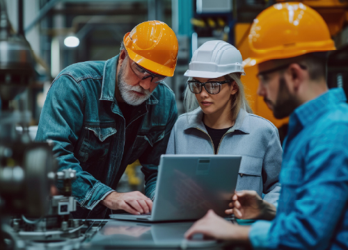 Three supply chain employees in hard hats looking at a laptop.