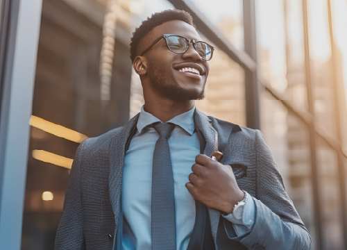 A male employee in a suit and wearing glasses smiling outside an office building.
