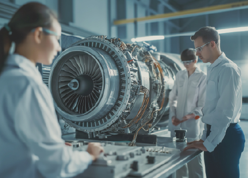 Three aerospace industry employees standing around working on a jet engine.