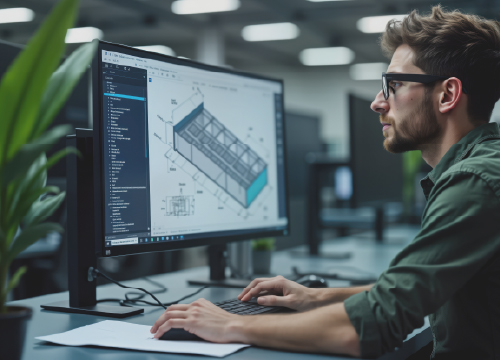 Employee working on a computer and looking at a schematic of something.