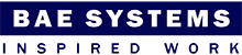 BAE Systems logo small with blue bar, white letters and motto in blue.