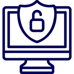 Computer screen with shield and lock icon representing cybersecurity.