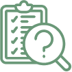 Case study icon as a clipboard with paper and magnifying glass.