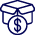 Icon of an open cardboard box with a dollar sign beside it.