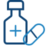 An icon of a pill bottle with a pill beside it for healthcare and RX.