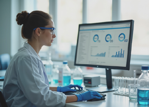 Female lab technician looking at EPCS data on a computer screen.