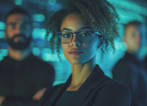 Woman employee wearing glasses with two men behind her.