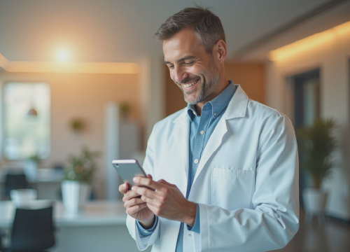 ProviderPass website image of a doctor in his white coat reading a message.
