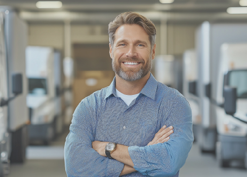 Man with a beard in a collared shirt, arms crossed, standing in front of trucks.