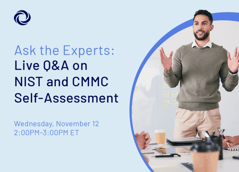 Image of a man standing at a desk header image for the Ask the Experts CMMC Self-Assessment webinar.