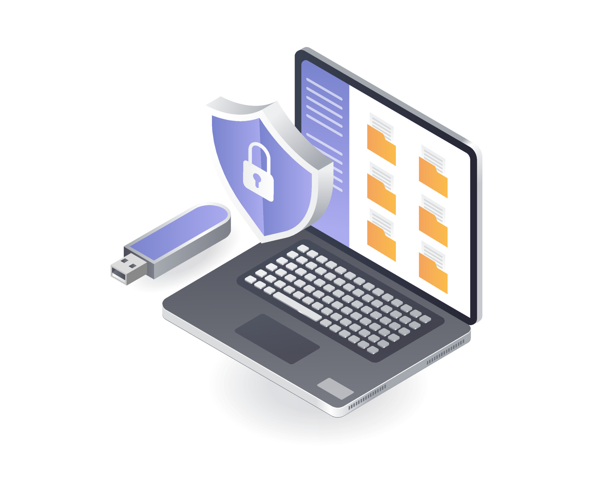Illustration of a laptop, security shield and USB drive for CMMC security.