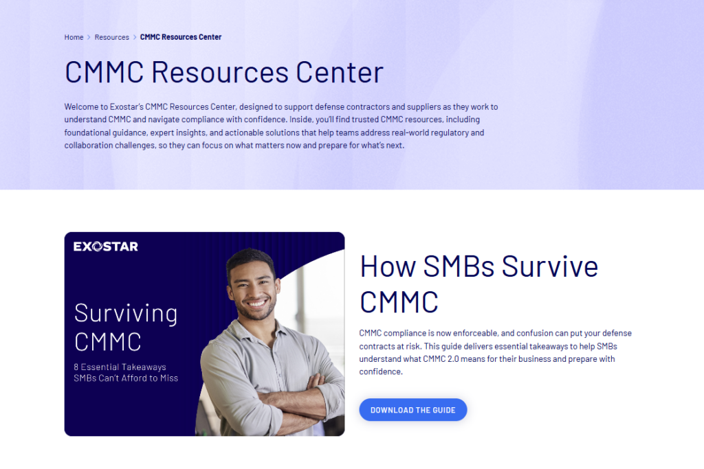 Preview image of the cmmc resources center page showing the first resource image for the ebook of a man crossing his arms